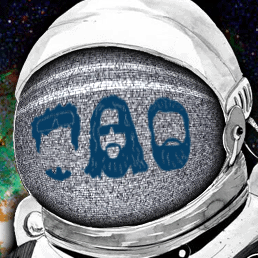 Space suit with the outline of three mens face in the helmet.