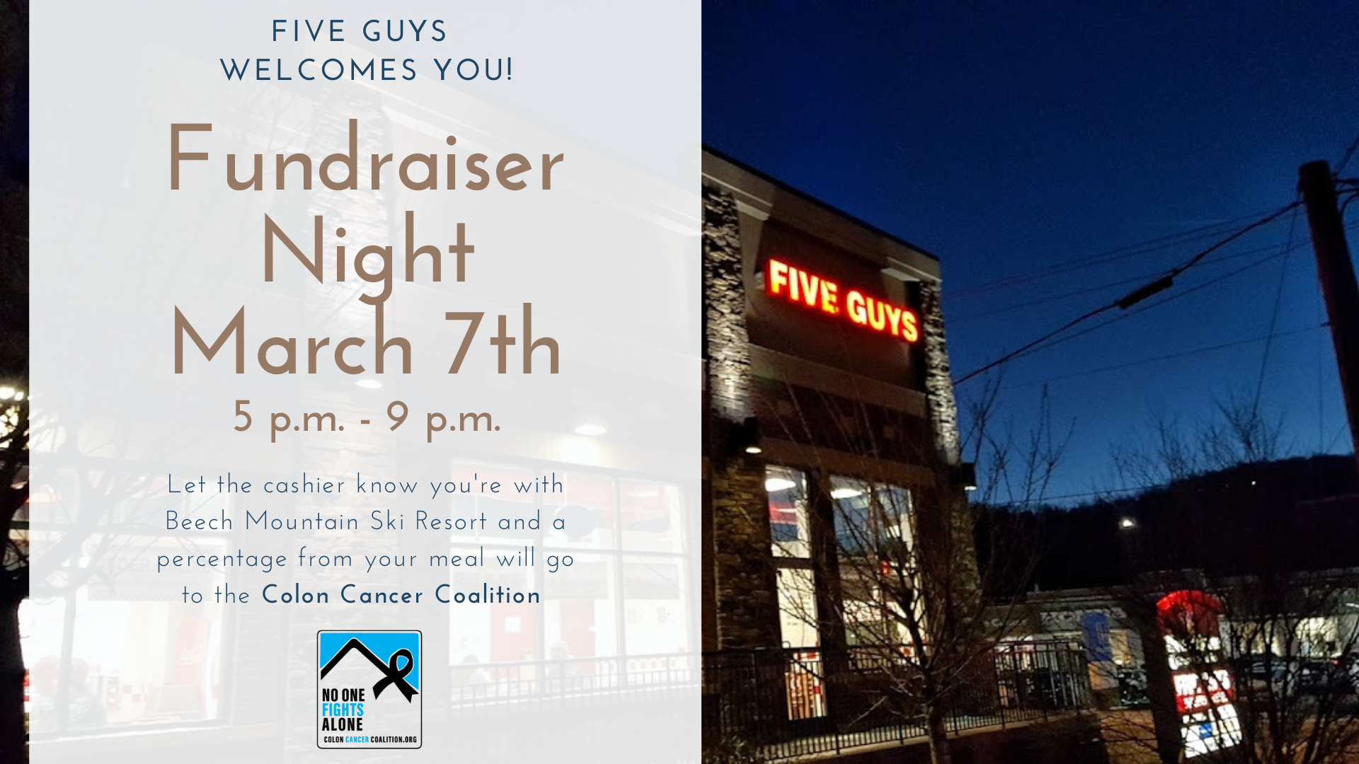 poster for five guys fundraiser event on 3/7