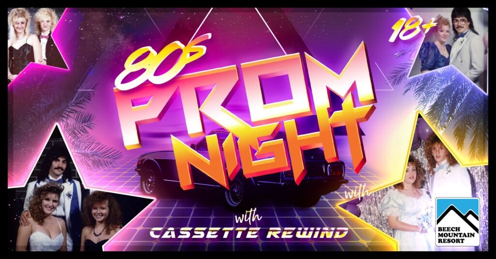 "80S PROM NIGHT with Cassette Rewind" Pink, purple, and orange stars, as well as 4 pictures of 80's proms.