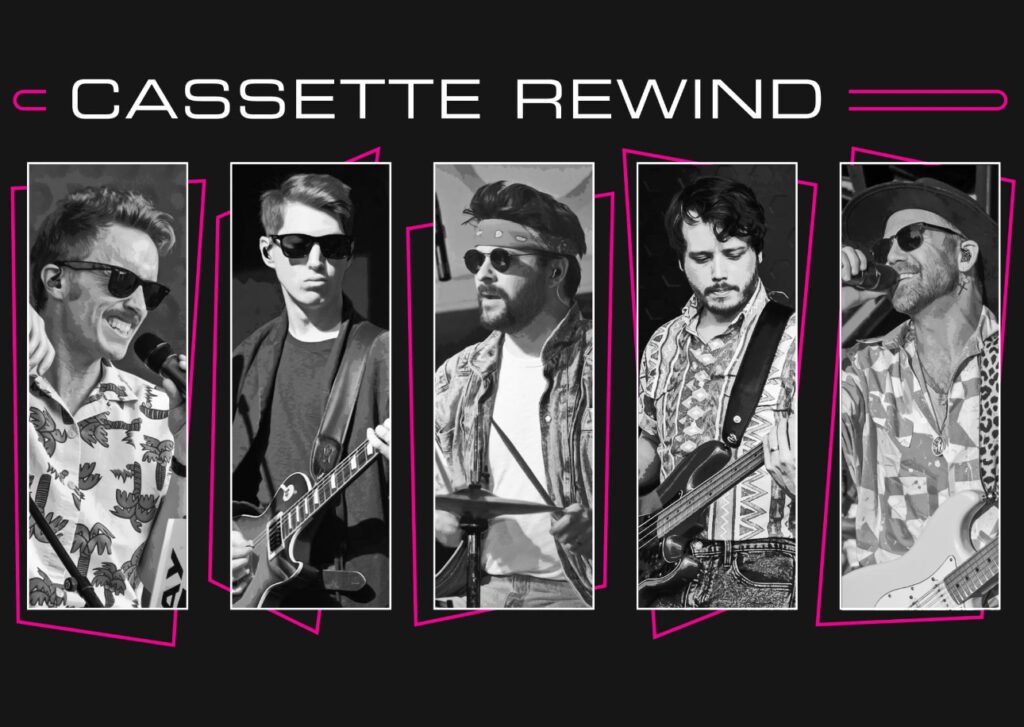 The band, Cassette Rewind, five guys in their own column of a graphic
