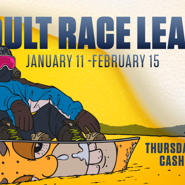 picture of digital snowboarder sitting with text on top. text: adult race league 1/11/24-2/15/24.